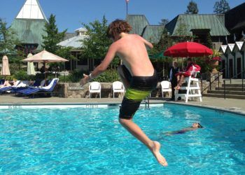 Boy jumping into pool during Summer