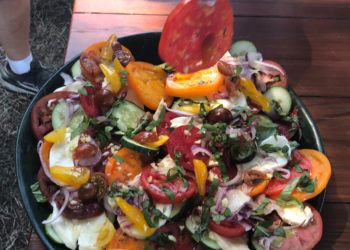 Fall Heirloom Tomatoes, Mozzarella Fresca, Red Onions, and Cucumbers, with Olive Oil & Basil