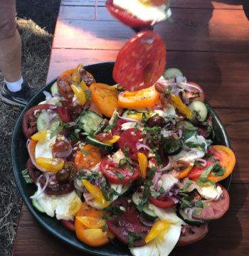 Fall Heirloom Tomatoes, Mozzarella Fresca, Red Onions, and Cucumbers, with Olive Oil & Basil