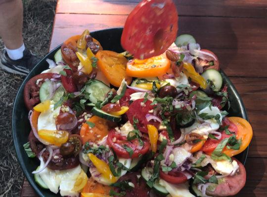 Fall Heirloom Tomatoes, Mozzarella Fresca, Red Onions, and Cucumbers, with Olive Oil & Basil