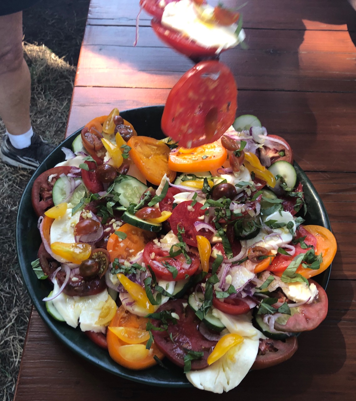 Fall Heirloom Tomatoes, Mozzarella Fresca, Red Onions, and Cucumbers, with Olive Oil & Basil